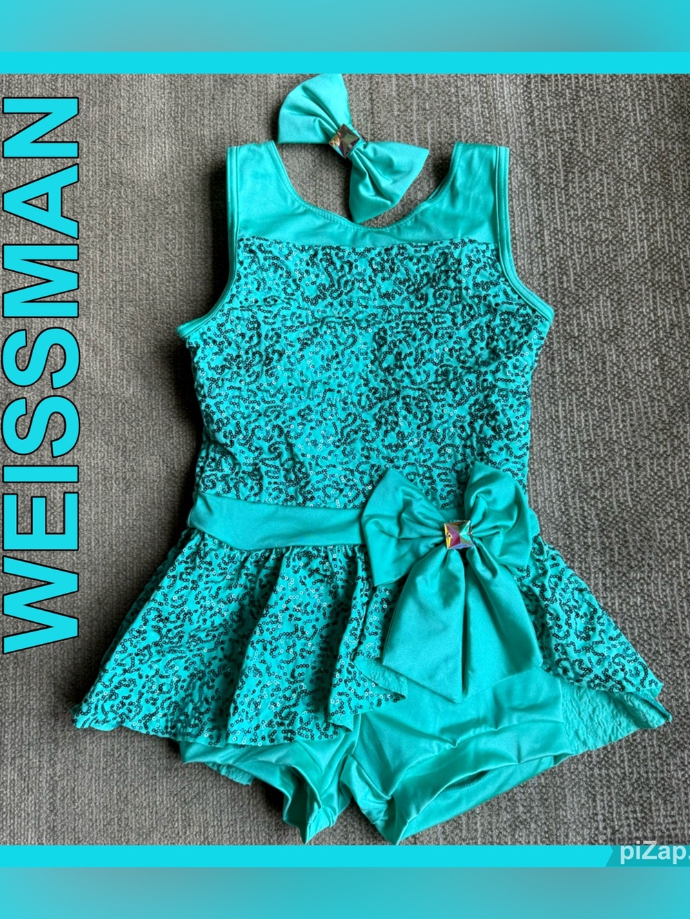 💃 Weissman Teal Glitzy Lace-Pattern Dance Outfit with Side Bow